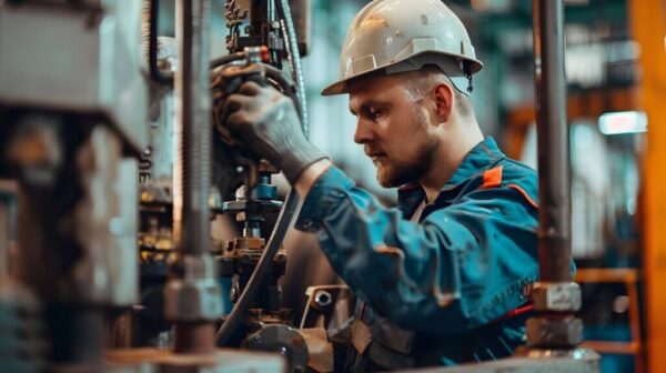 Na zdjęciu widoczny jest młody mechanik przemysłowy pracujący przy urządzeniu hydraulicznym lub maszynie przemysłowej, prawdopodobnie na statku. Ubrany jest w roboczy kombinezon ochronny z elementami odblaskowymi oraz biały kask zabezpieczający głowę, co wskazuje na przestrzeganie zasad BHP. Skupienie i precyzja jego ruchów sugerują, że wykonuje czynności serwisowe.