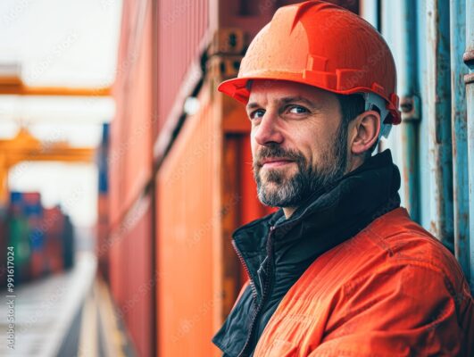 Na zdjęciu widzimy uśmiechniętego mężczyznę pracującego w porcie. Ma na sobie pomarańczową odzież roboczą oraz pomarańczowy kask ochronny, co wskazuje na jego pracę w miejscu wymagającym zachowania bezpieczeństwa. W tle widać kontenery, co sugeruje, że jest to miejsce pracy związane z transportem.