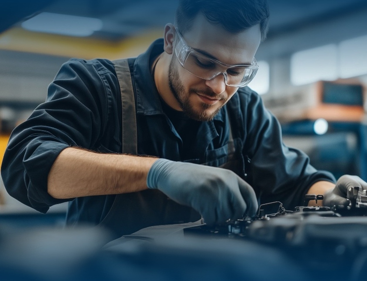 Na zdjęciu widzimy osobę ubraną w ciemny strój roboczy, wyposażoną w okulary ochronne i rękawice, pracującą nad elementem mechanicznym w warsztatowym otoczeniu. Skupienie na twarzy i precyzyjne ruchy wskazują na zaawansowane prace techniczne — prawdopodobnie montaż lub naprawę części maszyny. W tle rozmyte narzędzia i sprzęt podkreślają profesjonalny charakter miejsca.