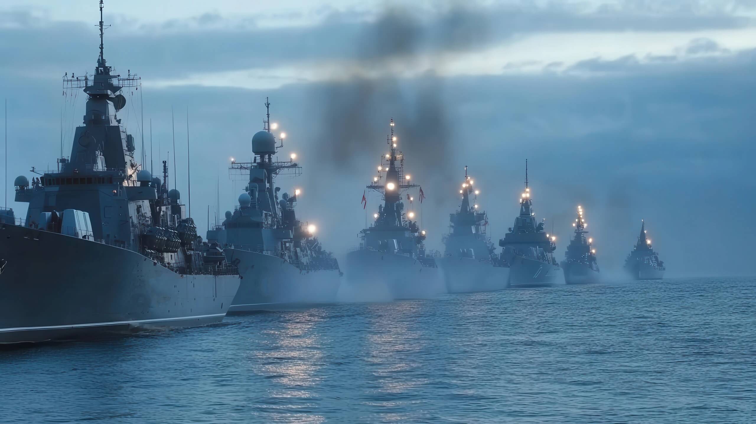 Na zdjęciu przedstawiona została flota okrętów wojennych, ustawiona w precyzyjnej formacji na spokojnej tafli wody. Każda jednostka wyposażona jest w systemy radarowe, anteny komunikacyjne i oświetlenie pokładowe, które rozświetlają sylwetki statków na tle pochmurnego nieba. Z niektórych okrętów unosi się dym — znak aktywnych silników i intensywnych działań operacyjnych. Światło, przytłumione i chłodne, sugeruje wczesny poranek lub zmierzch.