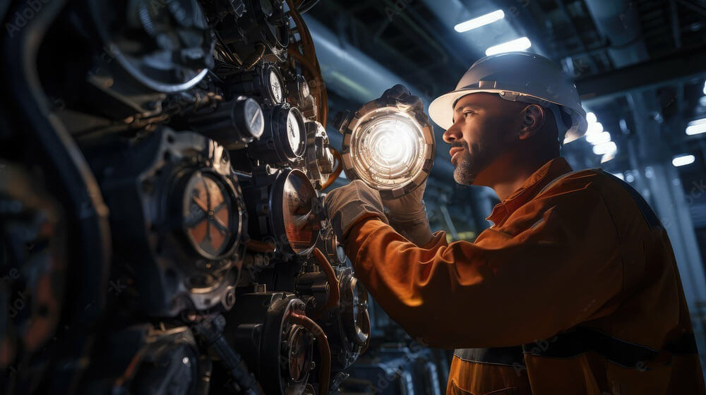 W półmroku przemysłowego wnętrza, mężczyzna w białym kasku i pomarańczowym ubraniu ochronnym pochyla się nad skomplikowanym układem mechanicznym. W dłoni trzyma latarkę, która punktowo rozświetla metaliczne powierzchnie, wskaźniki i zawory. 