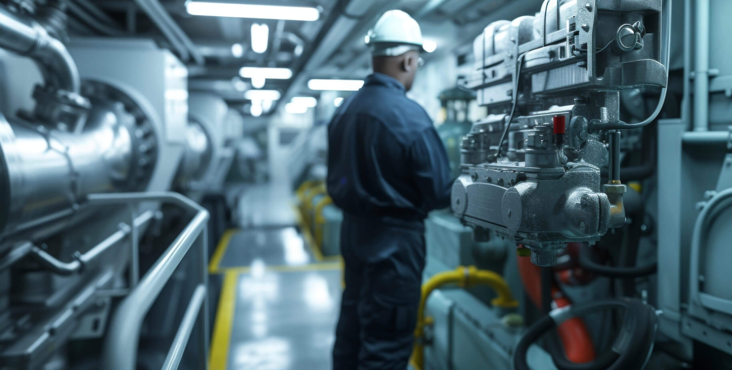 Zdjęcie przedstawia wnętrze maszynowni statku – ciasne, funkcjonalne, wypełnione gęstą siecią rur, zaworów, paneli sterujących i masywnych urządzeń hydraulicznych. Metaliczne powierzchnie błyszczą w ostrym, roboczym świetle, które nie służy estetyce, lecz precyzji i bezpieczeństwu. W centrum kadru stoi pracownik w kasku ochronnym i kombinezonie roboczym, zwrócony plecami do obiektywu. 