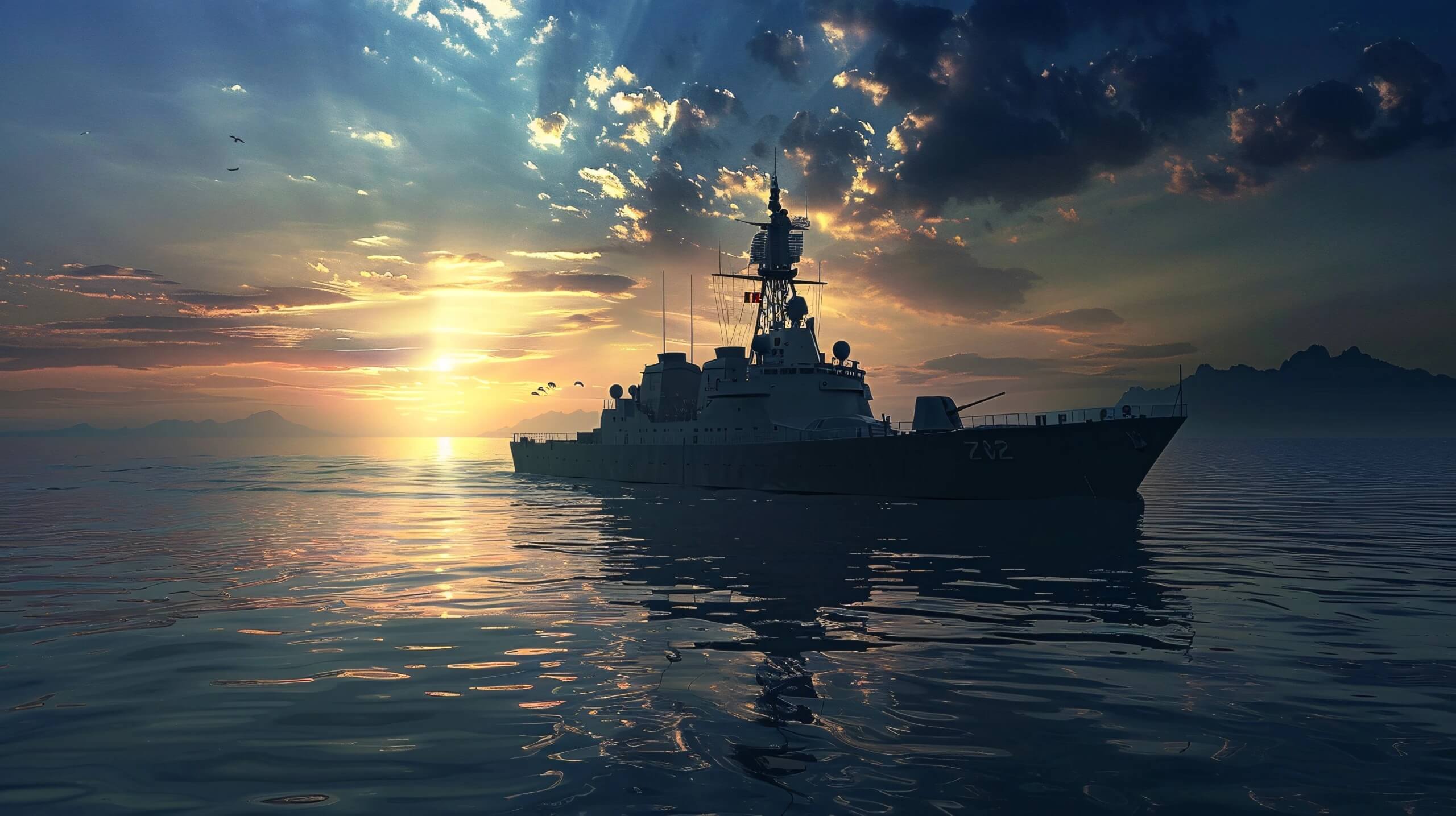 Zdjęcie przedstawia samotny okręt wojenny, oznaczony numerem 212, wyraźnie zarysowany na tle spektakularnego nieba. Sylwetka jednostki jest ciemna, niemal graficzna — ostro odcina się od rozświetlonego horyzontu, gdzie promienie słońca przebijają się przez warstwę ciężkich chmur. 