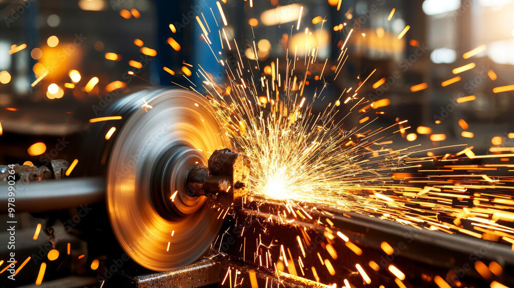 Na zdjęciu przedstawione zbliżenie na intensywny moment pracy: wirująca tarcza szlifierska lub tnąca z impetem styka się z powierzchnią metalu, wywołując kaskadę iskier. Jasne, rozżarzone drobiny rozpryskują się w różnych kierunkach. Tło pozostaje rozmyte.