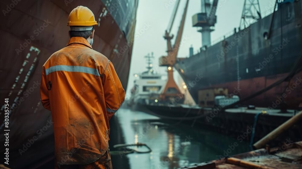 Na pierwszym planie stoi postać ubrana w pomarańczowy kombinezon ochronny i żółty kask — zwrócona plecami, spogląda w stronę rozległego portu. W oddali widać wielkogabarytowe statki, przemysłowe dźwigi i konstrukcje techniczne, częściowo przysłonięte przez mgłę lub wilgotne powietrze. Woda między nabrzeżem a jednostkami tworzy spokojną przestrzeń, kontrastując z monumentalnością sprzętu i struktur portowych.