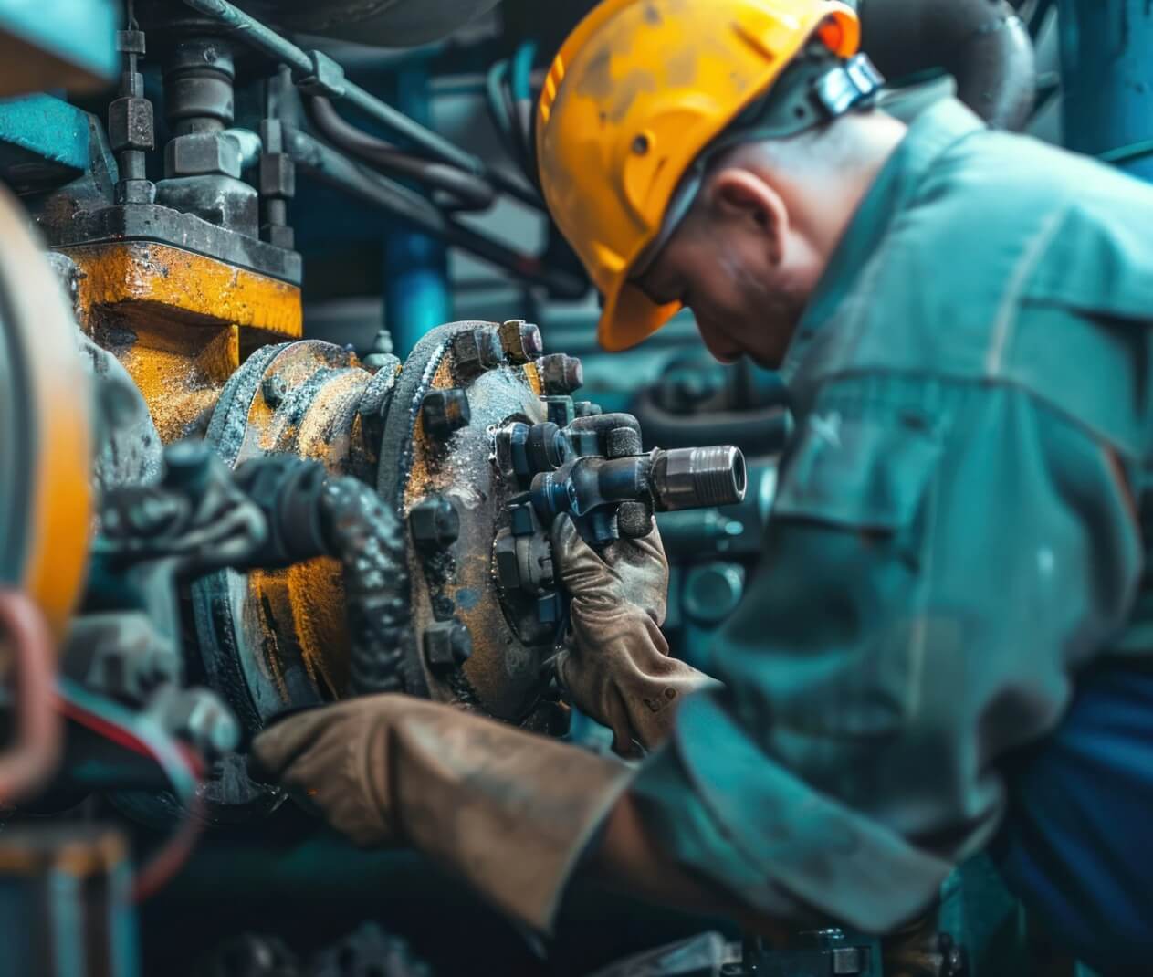 W centrum kadru pracownik ubrany w zielony uniform i żółty kask ochronny pochyla się nad masywnym, cylindrycznym komponentem maszyny. Jego dłonie, osłonięte rękawicami roboczymi, precyzyjnie operują narzędziem, prawdopodobnie kluczem dynamometrycznym lub śrubokrętem, w trakcie inspekcji lub regulacji mechanizmu. Otoczenie to gęsta sieć rur, zaworów i metalowych połączeń, noszących ślady intensywnej eksploatacji — widoczna korozja, przetarcia i osady świadczą o długotrwałej pracy urządzenia w wymagających warunkach.