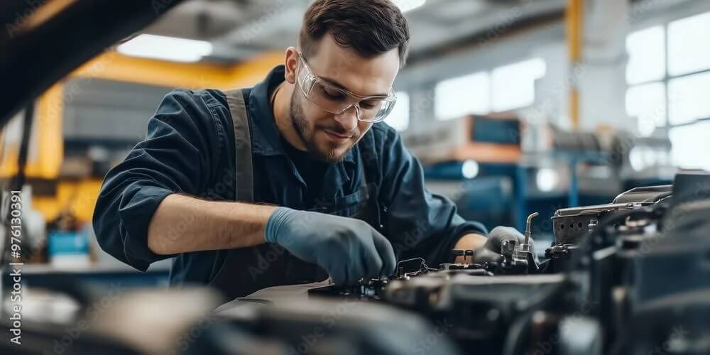 Na zdjęciu widać mechanika podczas prac serwisowych w warsztacie przemysłowym. Mężczyzna w okularach ochronnych i rękawicach koncentruje się na demontażu lub regulacji elementów maszyny. Pracuje przy stanowisku wyposażonym w specjalistyczne urządzenia i narzędzia.